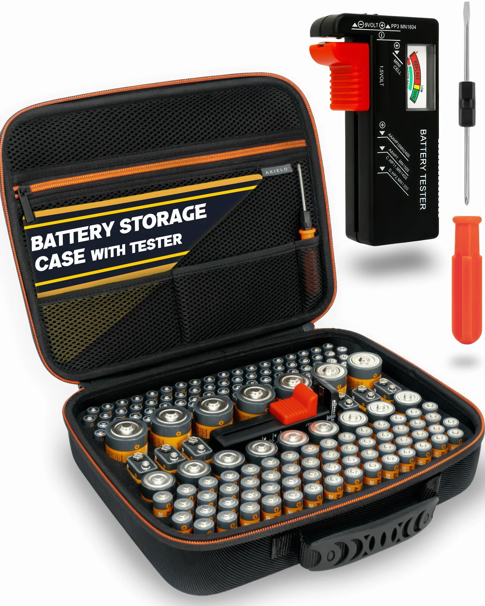 Organizer Batterie con Tester e Cacciavite – Custodia Compatta per AAA, AA, C, D, 9V