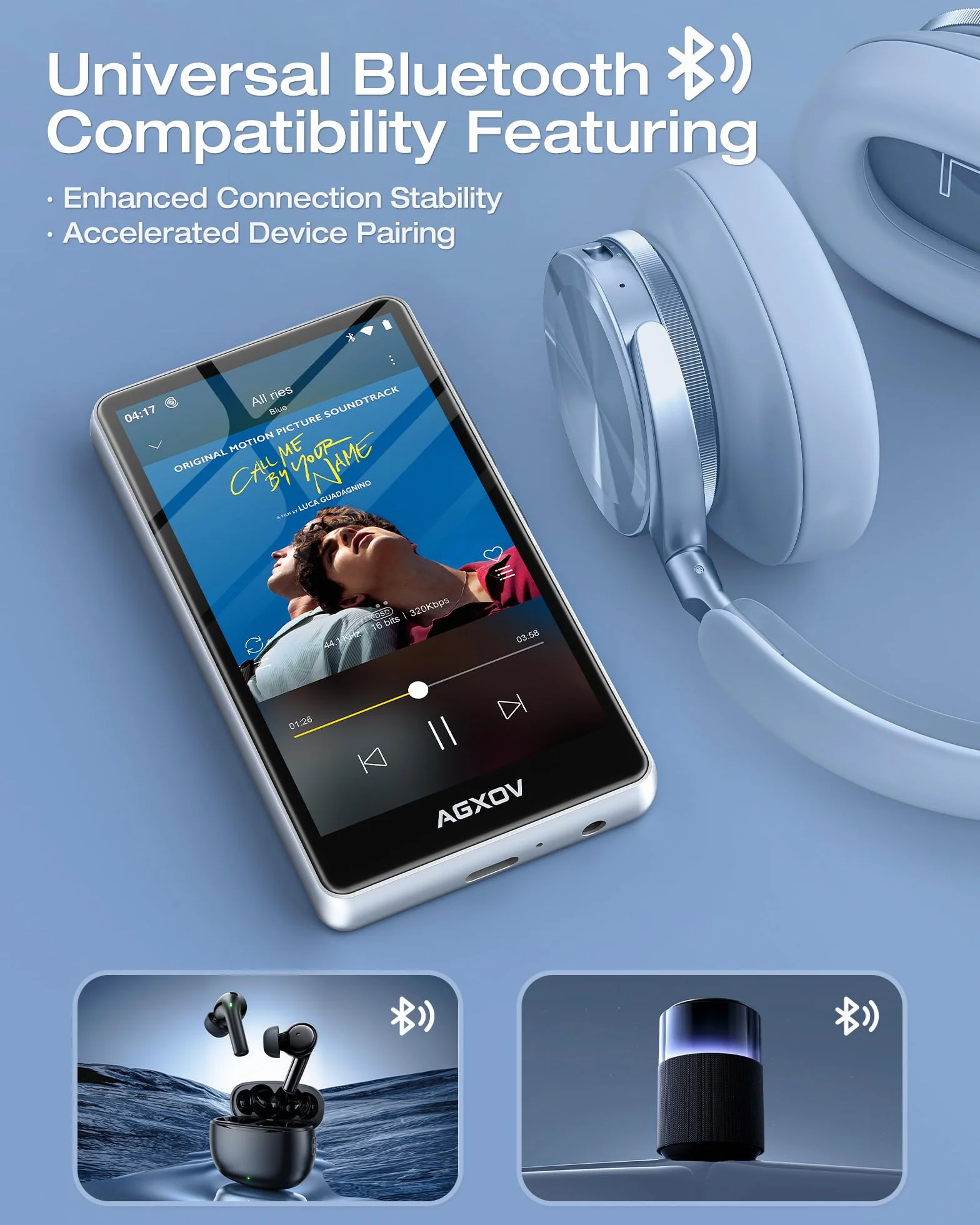 Lettore MP3 Spotify da 144 GB con Bluetooth e WiFi, AGXOV MP4 Lettore Musicale con Schermo Touchscreen da 4,02 Pollici, MP3 Android Portatile con Audible, Deezer, Play Store, Argento