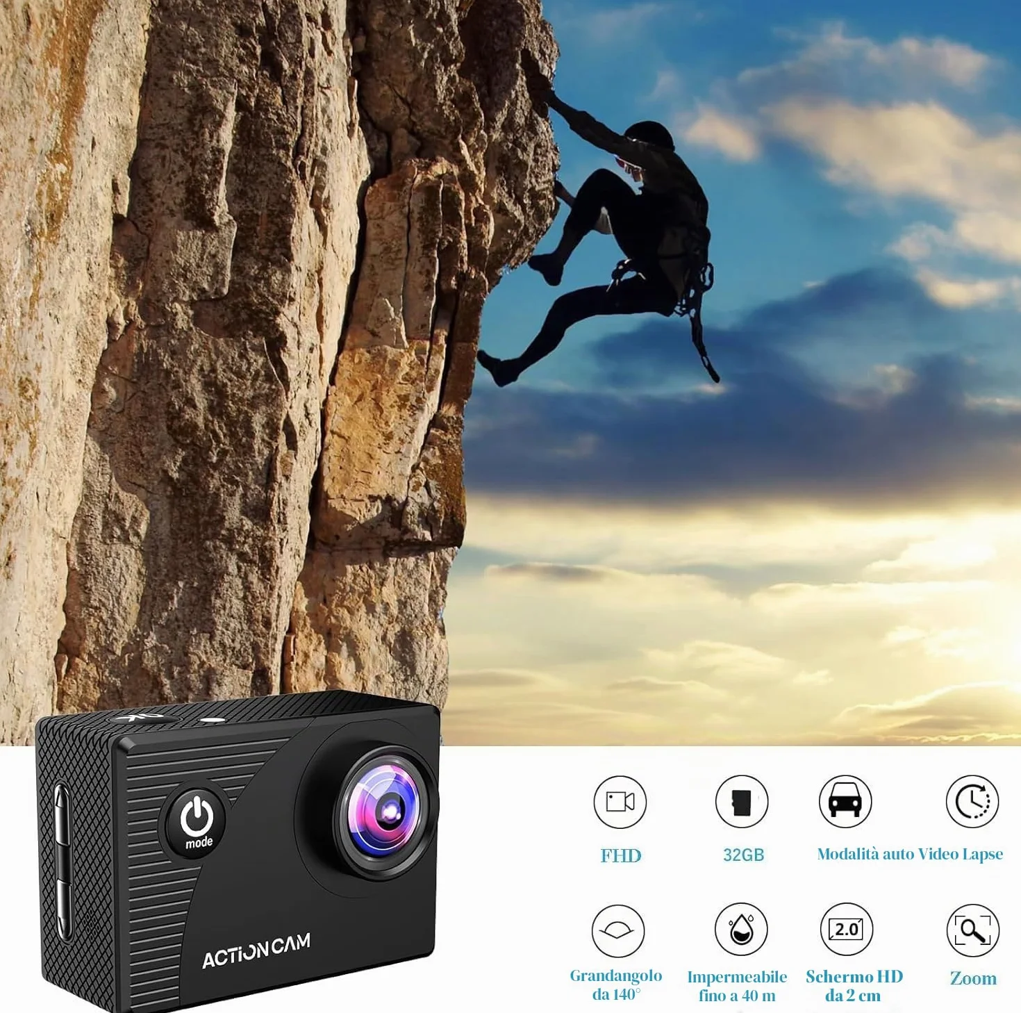 Xilecam Action Cam 1080P con scheda da 32 GB Telecamera Moto, Macchina Fotografica Subacquea impermeabile 40M, Fotocamera Subacquea con 2 x Batterie Ricaricabili e Kit Accessori（X8000Pro）