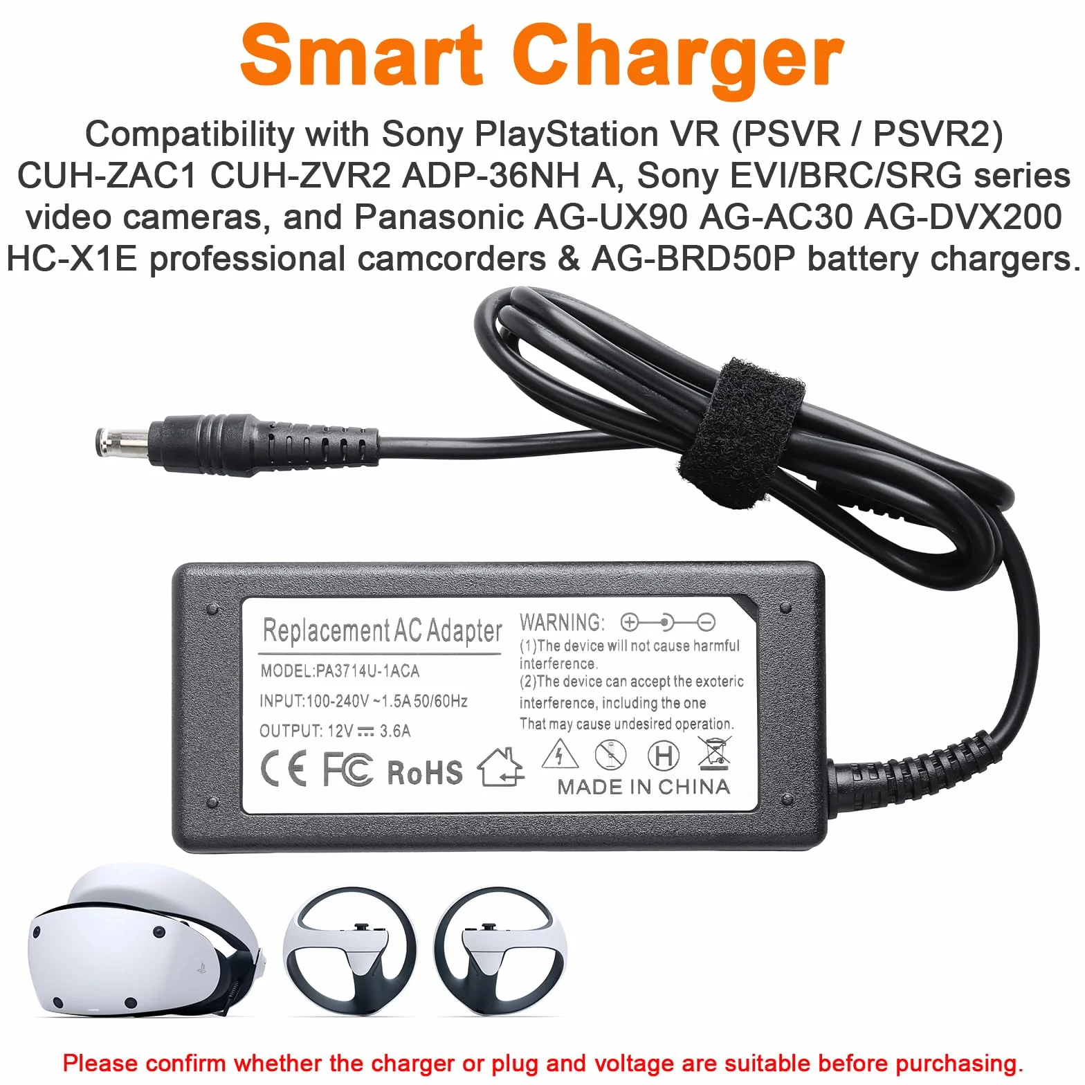 12 V 3,6 A Adattatore di Alimentazione, Compatibile con Pioneer DJ DDJ-1000 DDJ-1000 SRT DDJ-800 DDJ-RR XDJ-RR, Compatibile con Sony PSVR PSVR2 Playstation VR CUH-ZAC1 CUH-ZVR2 Caricabatterie ADP-36NH
