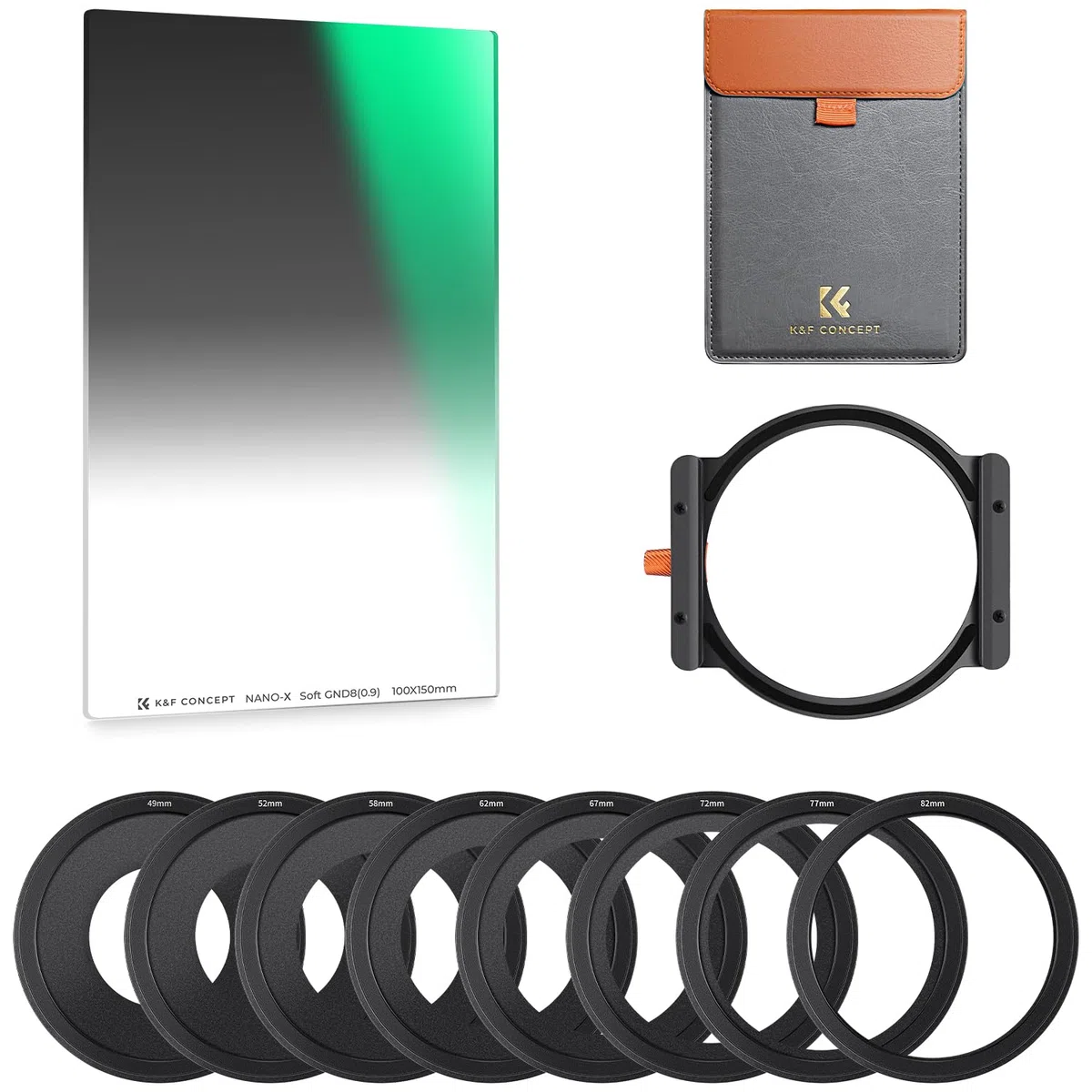 K&F CONCEPT Nano-X Kit da Filtro a Lastra Soft GND8 (0,9) da 100x150mm, 8x Anello Adattatore e 1x Portafiltro Mentale Compatibile Nano-X Porta Filtri per Lente
