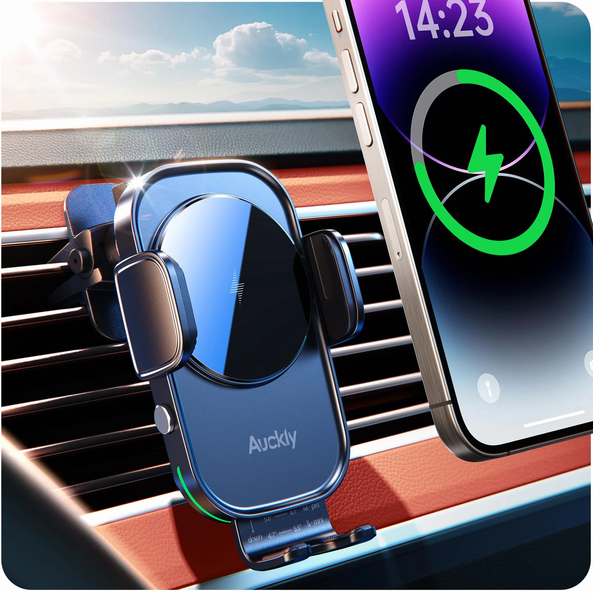Auckly Qi 15W Caricatore Wireless Auto,Auto-Bloccaggio Supporto Telefono Auto, Ricarica Wireless Auto per iPhone 13/14/12 Pro Max Mini Plus 11/Pro/Xs,Supporto Smartphone per Galaxy S22/S20/S9 e Altri