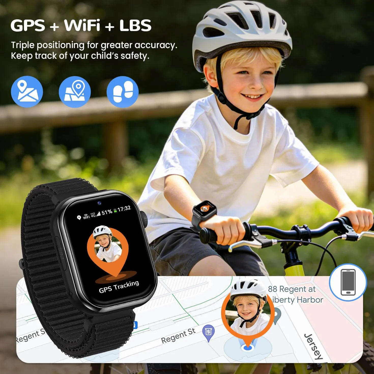 4G Smartwatch Bambini, Orologio GPS Bambini con Chiamate Videochiamate, Chat Vocale, modalità Scuola, Doppia Fotocamera, Sveglia, Contapassi, IP68 Calcolatrice Smart Watch per Ragazzi e Ragazze, Nero