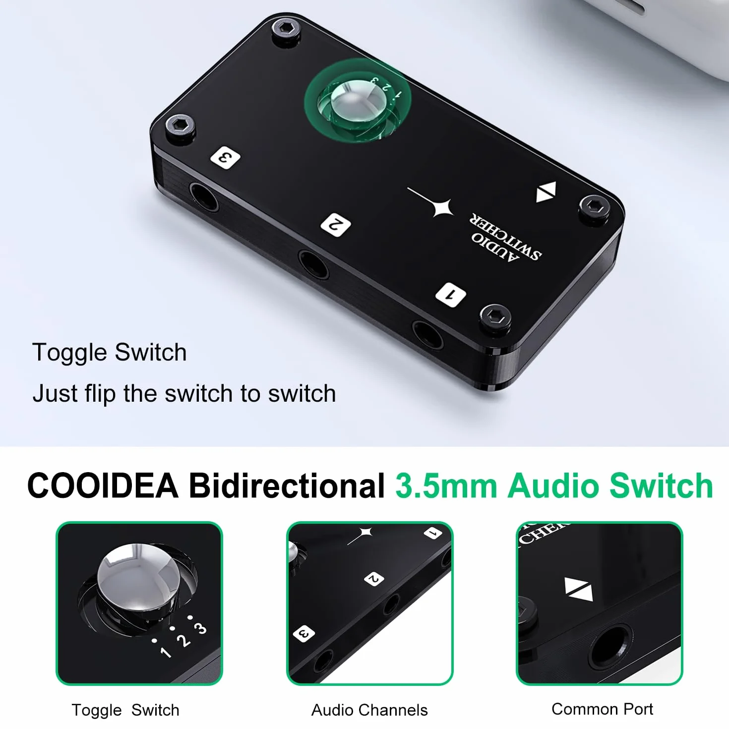 COOIDEA Commutatore audio stereo da 3,5 mm, supporta 1 ingresso 3 o 3 uscite in 1 con cavo audio, selettore di altoparlanti AUX a 3 porte per PC, telefono, laptop, cuffie