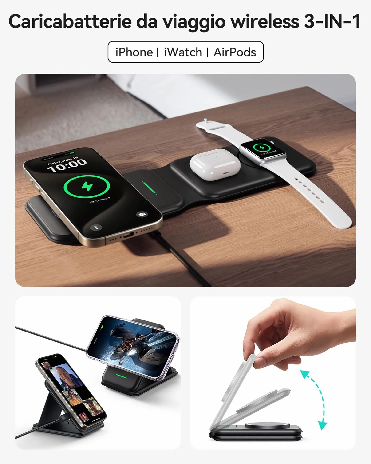 INIU Caricatore Wireless iPhone, Magnetic 3 in 1 Base Ricarica Certificato Qi, Da viaggio Caricabatterie Wireless Universale per iPhone 16 15 14 13 12 Apple Watch 8 7 Ultra AirPods 4 3 Pro ecc.